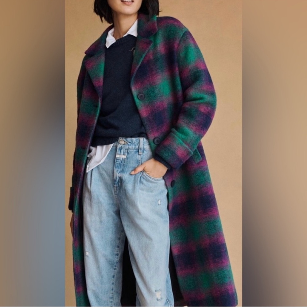 Anthropologie green and purple wool coat